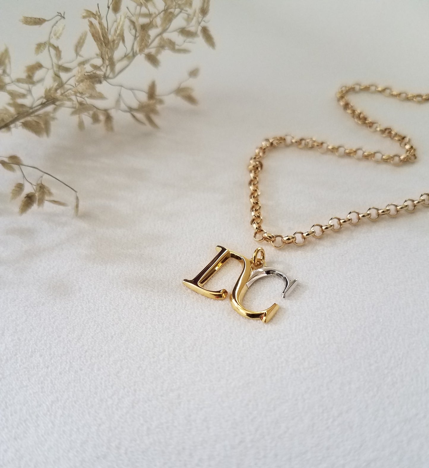 Two-toned pendant in white gold and yellow gold in D&C initials. Clasp in a yellow gold tauco chain