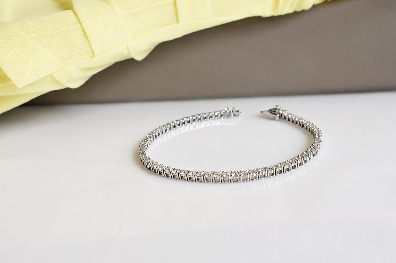 Elegant 3.3 carat lab-grown diamond tennis bracelet crafted in 14K white gold, featuring a continuous row of brilliant 0.05 carat diamonds.