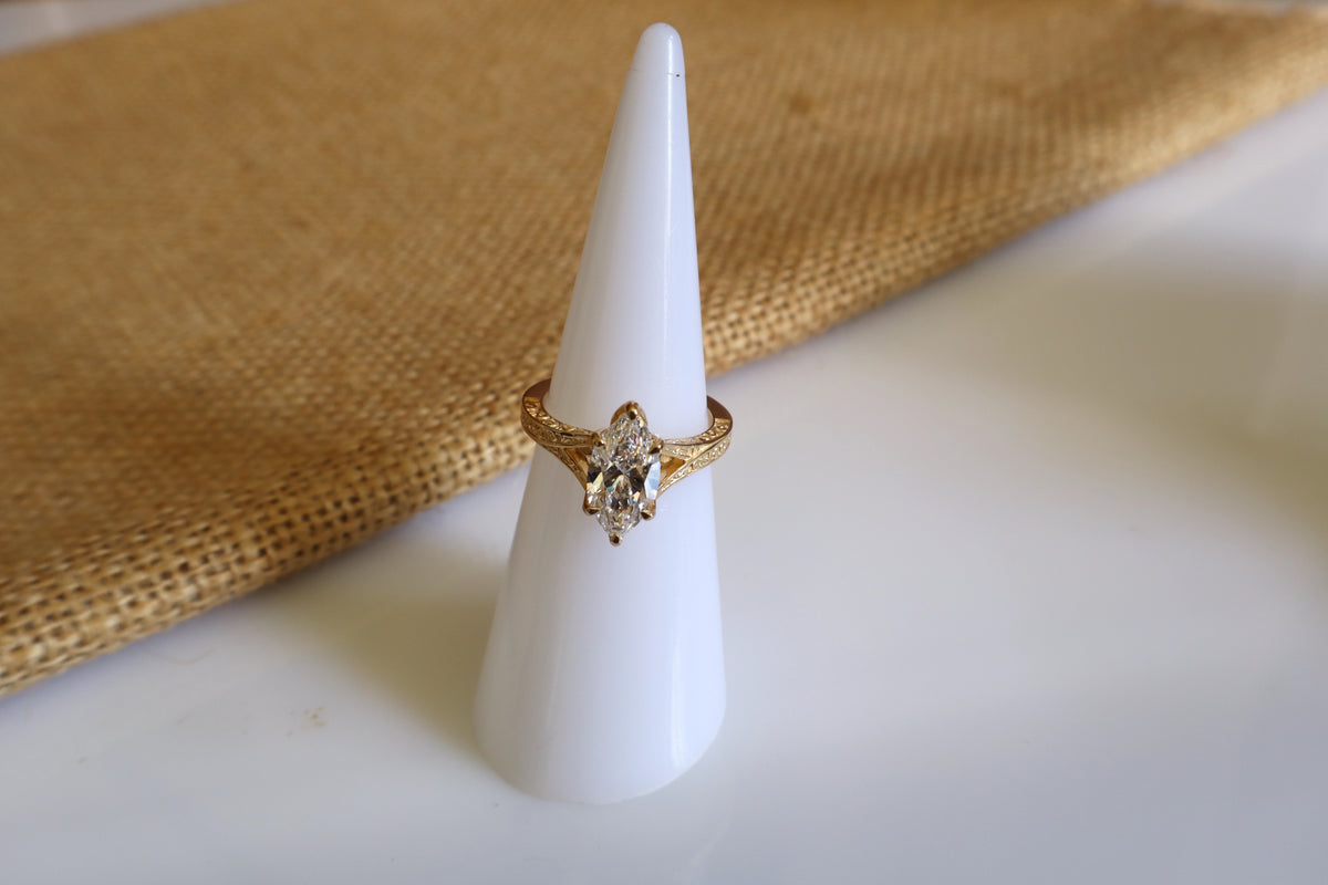 14K gold custom vintage engagement ring with diamond and personalized Alibata engraving, featuring intricate vintage-inspired details.