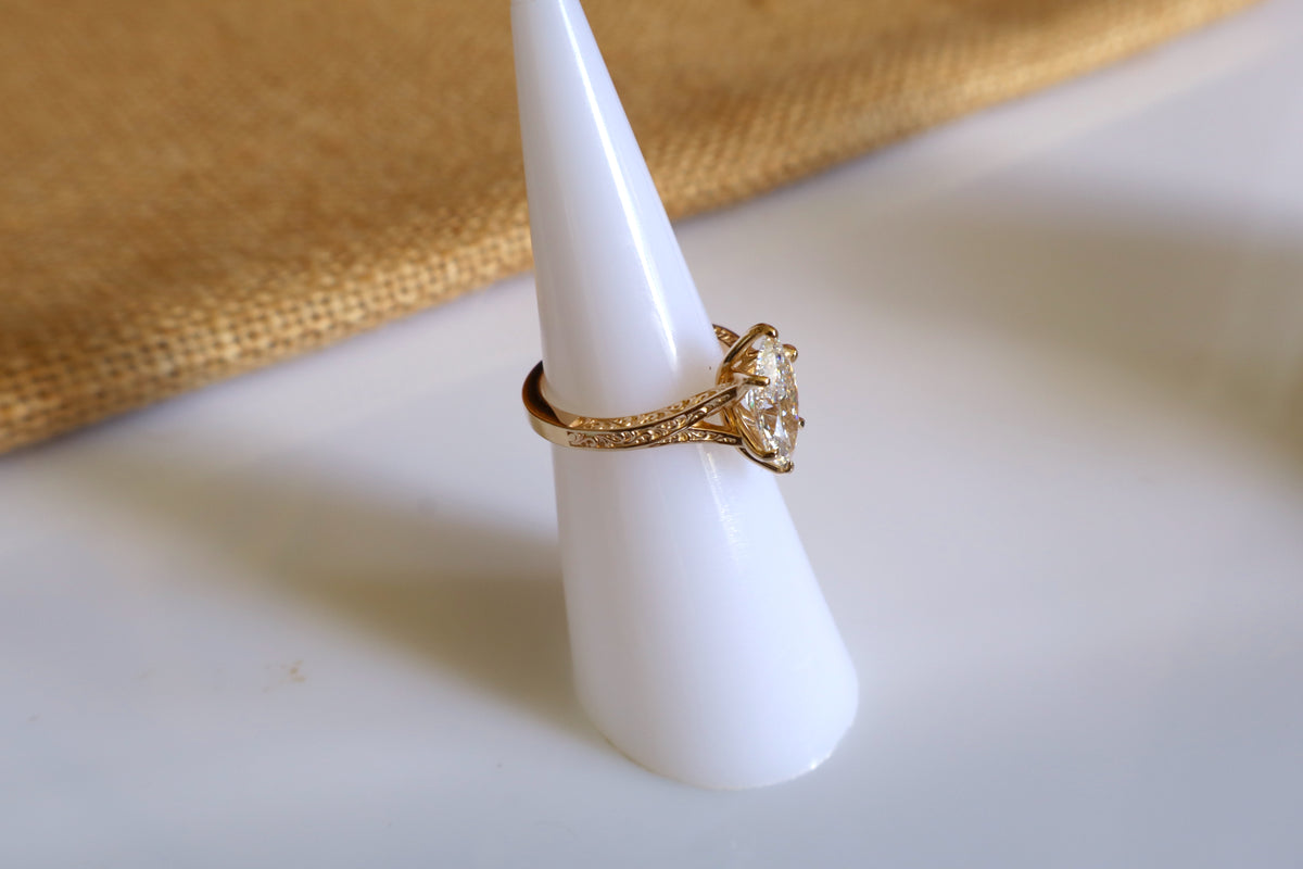 14K gold custom vintage engagement ring with diamond and personalized Alibata engraving, featuring intricate vintage-inspired details.