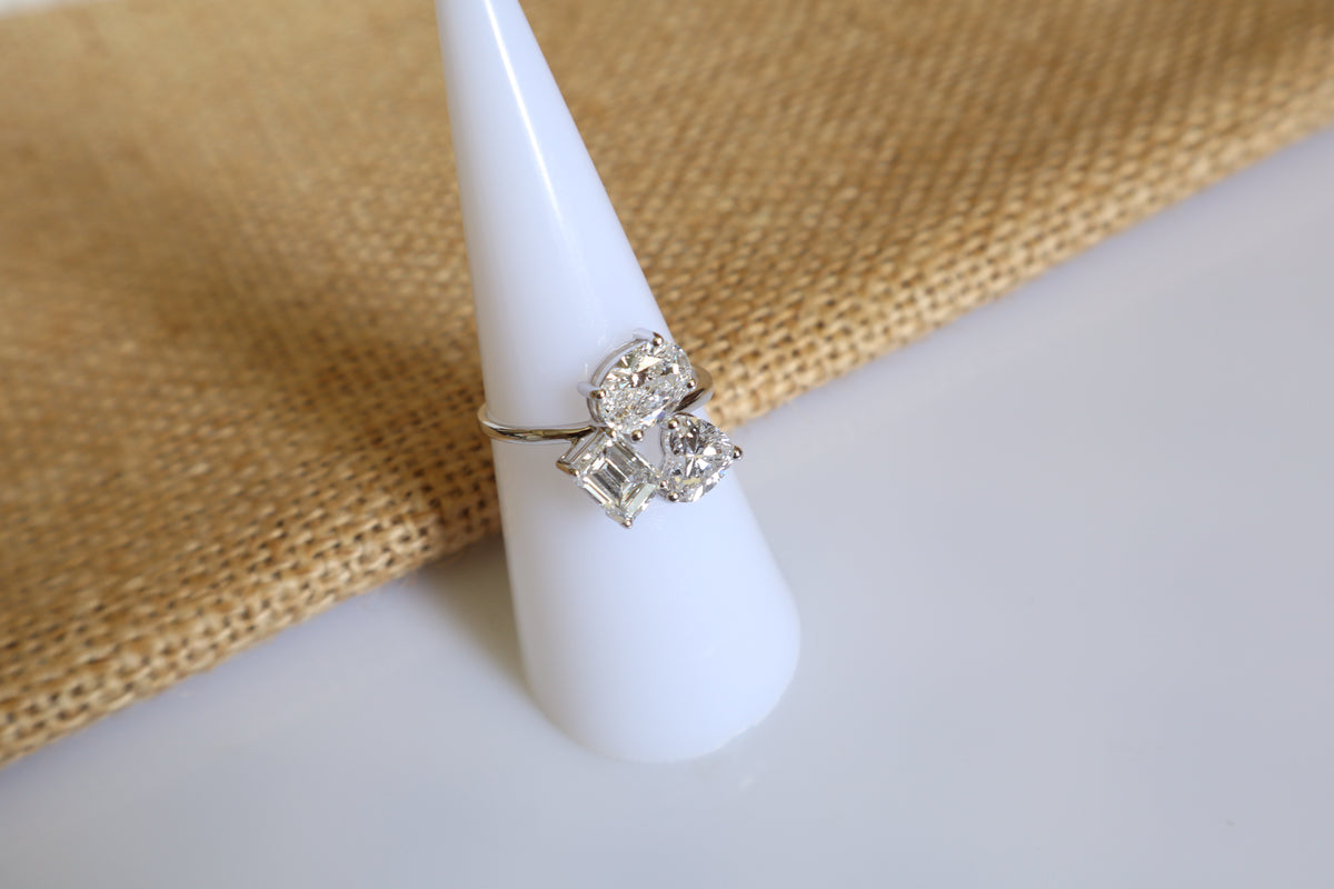 14K white gold ring featuring a unique cluster setting of brilliant lab-grown diamonds in a modern statement design.