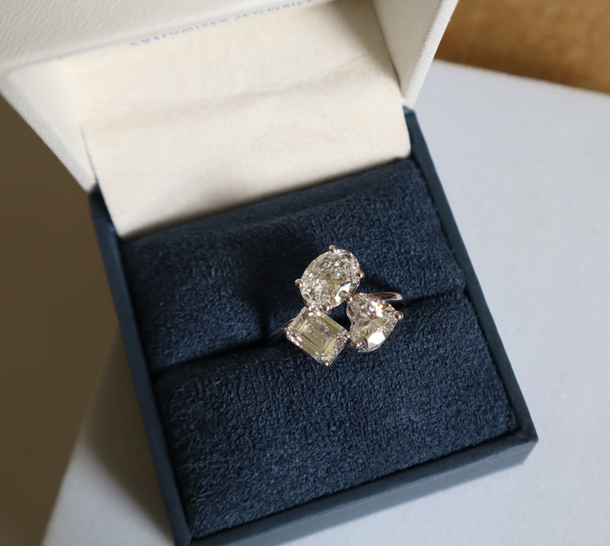 14K white gold ring featuring a unique cluster setting of brilliant lab-grown diamonds in a modern statement design.