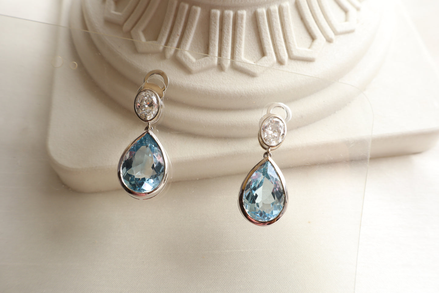 Luxury aquamarine and natural diamond drop earrings in 18K white gold, fine jewelry piece suitable for employee recognition gift jewelry for Singapore firms.