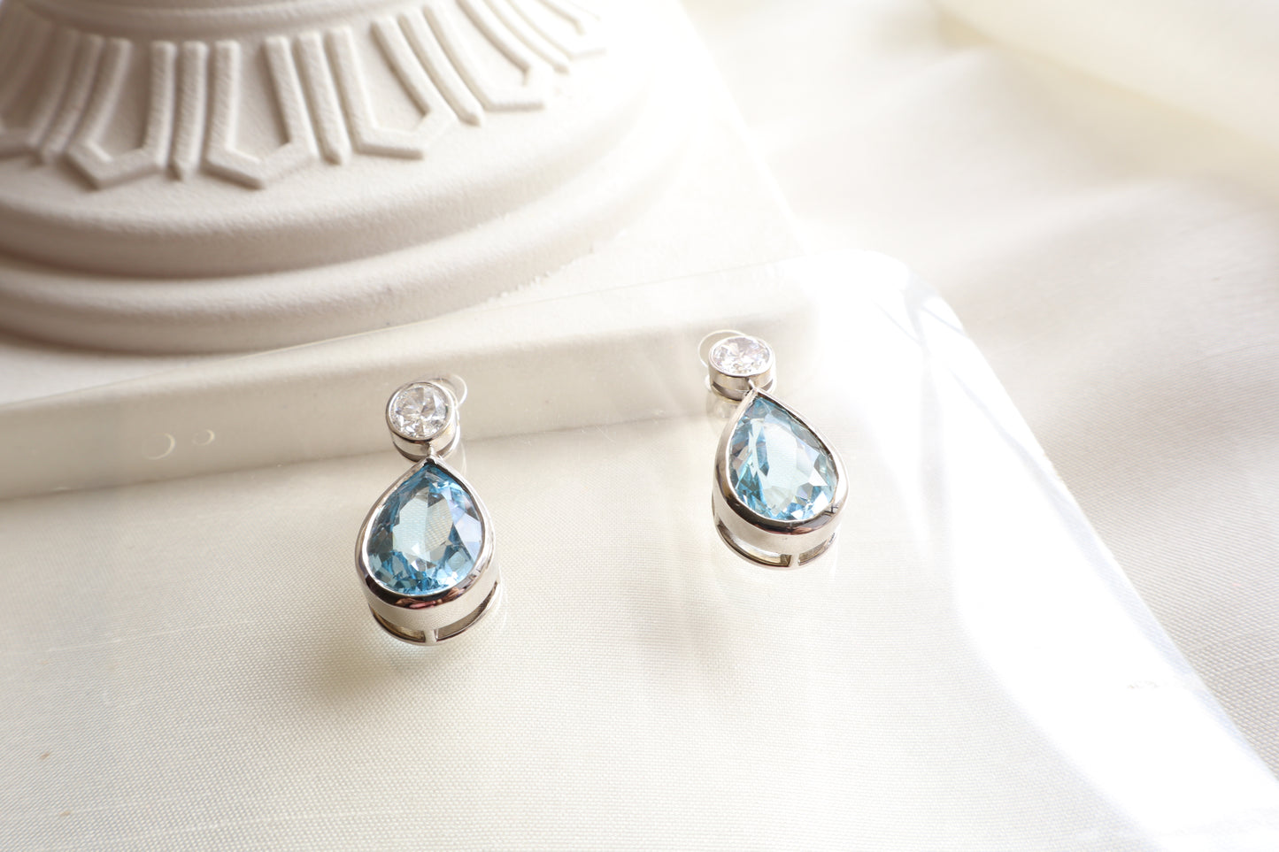 Luxury aquamarine and natural diamond drop earrings in 18K white gold, fine jewelry piece suitable for employee recognition gift jewelry for Singapore firms.