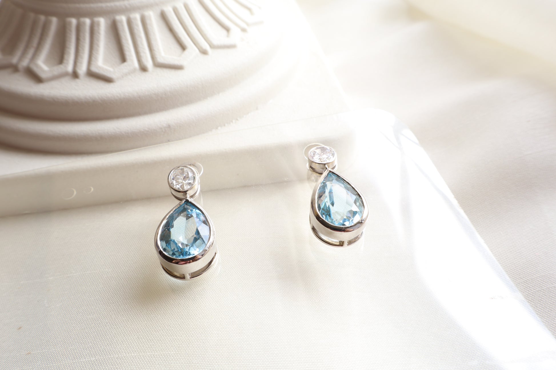 Luxury aquamarine and natural diamond drop earrings in 18K white gold, fine jewelry piece suitable for employee recognition gift jewelry for Singapore firms.