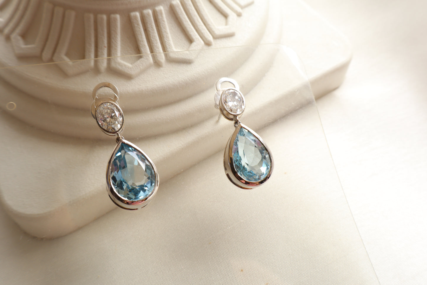 Luxury aquamarine and natural diamond drop earrings in 18K white gold, fine jewelry piece suitable for employee recognition gift jewelry for Singapore firms.
