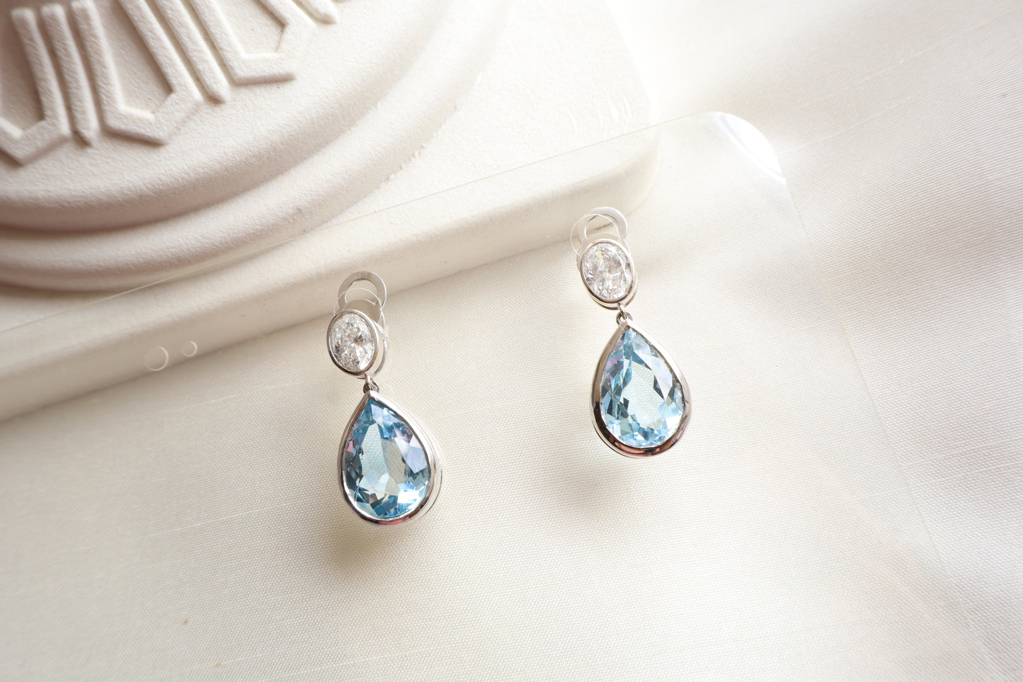 Luxury aquamarine and natural diamond drop earrings in 18K white gold, fine jewelry piece suitable for employee recognition gift jewelry for Singapore firms.