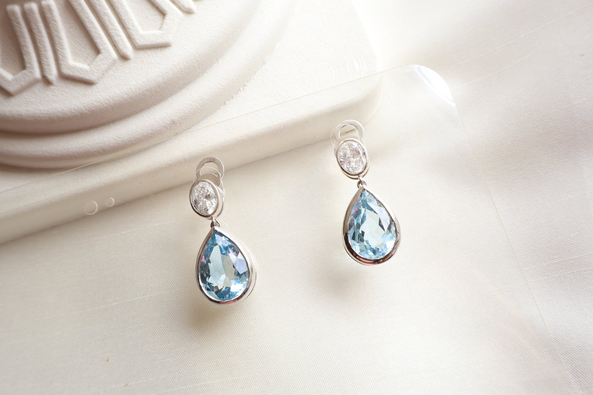 Luxury aquamarine and natural diamond drop earrings in 18K white gold, fine jewelry piece suitable for employee recognition gift jewelry for Singapore firms.