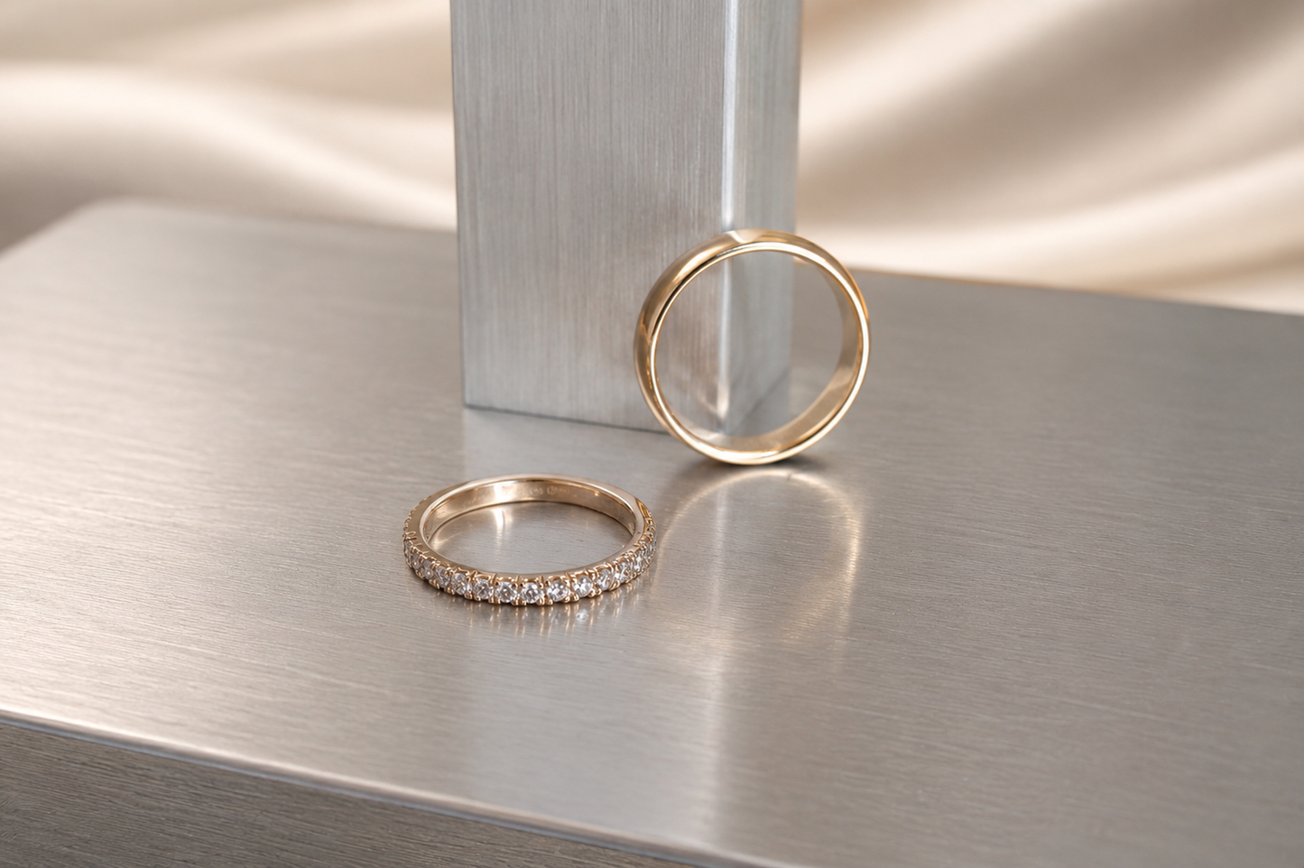 Bespoke 14K gold diamond wedding ring set, handcrafted design showcasing premium fine jewelry craftsmanship for life's special milestones.