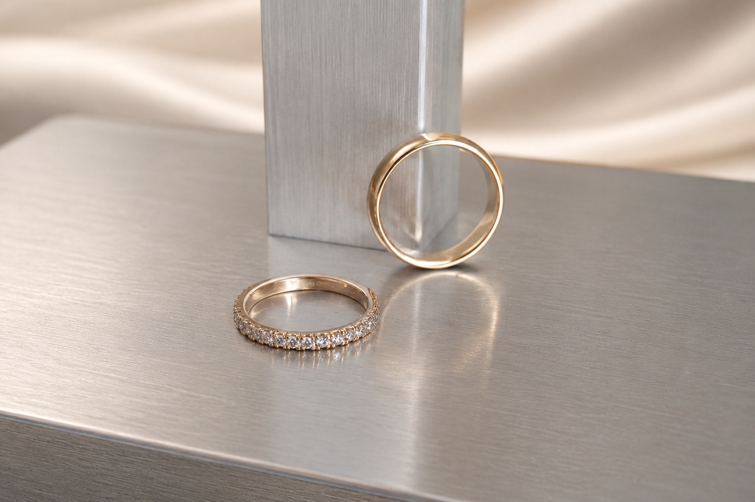 Bespoke 14K gold diamond wedding ring set, handcrafted design showcasing premium fine jewelry craftsmanship for life's special milestones.