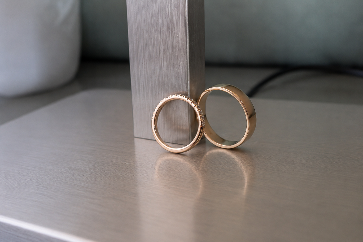 Bespoke 14K gold diamond wedding ring set, handcrafted design showcasing premium fine jewelry craftsmanship for life's special milestones.