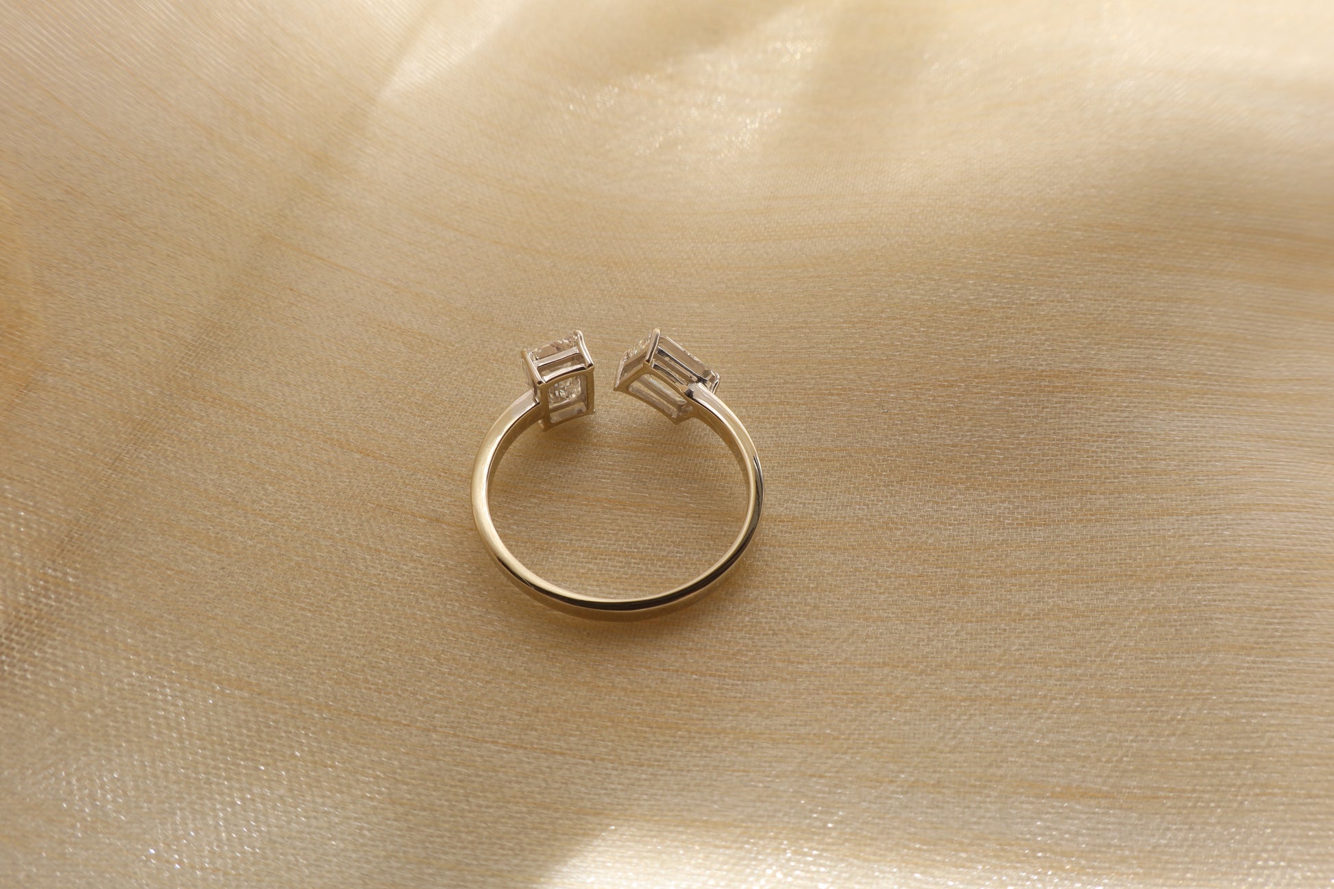 14 karat white gold diamond cluster ring with emerald-cut lab-grown diamonds, in Emildific abaca packaging, Singapore corporate.