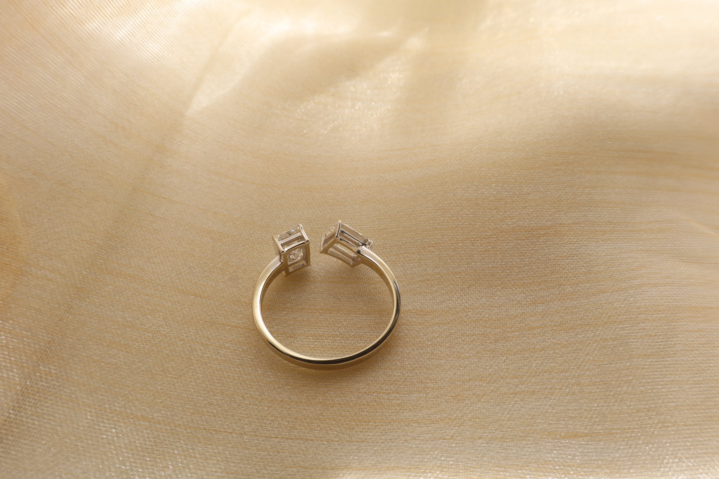 14 karat white gold diamond cluster ring with emerald-cut lab-grown diamonds, in Emildific abaca packaging, Singapore corporate.