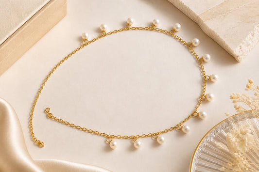 Elegant freshwater pearl station necklace in 18K gold fine jewelry with luxury jewelry packaging Singapore