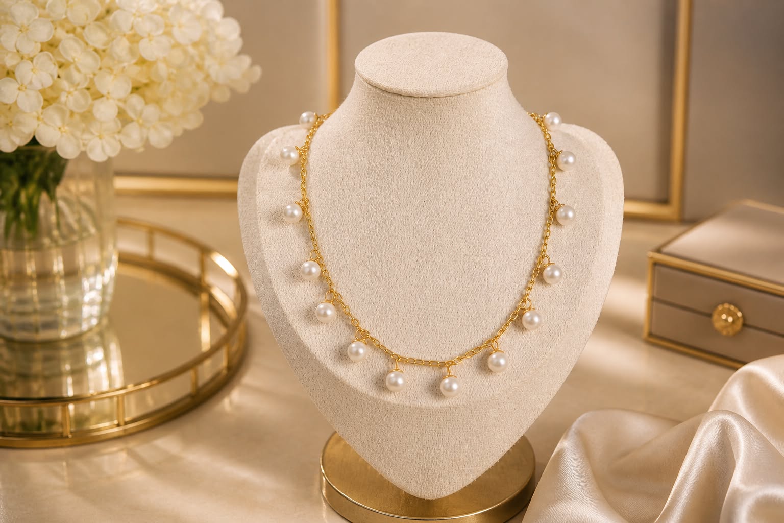Elegant freshwater pearl station necklace in 18K gold fine jewelry with luxury jewelry packaging Singapore