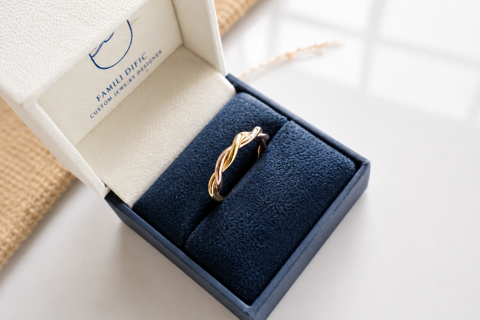 Handcrafted 18K two-tone yellow gold and rose gold twisted ring with an elegant intertwined design. Bespoke jewelry by a Singapore jewelry supplier, ideal for premium corporate gifts and abaca packaging presentations.