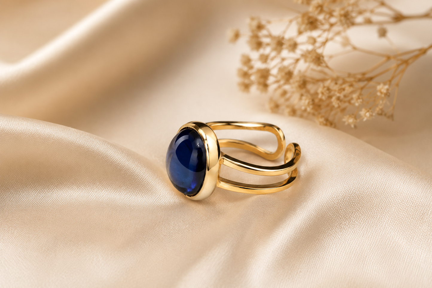 Custom-made men's ring featuring a 13.48ct natural blue sapphire cabochon set in yellow gold-plated silver. Bold adjustable statement ring handcrafted for a client, showcasing deep royal blue gemstone tones and a masculine luxury jewelry design.