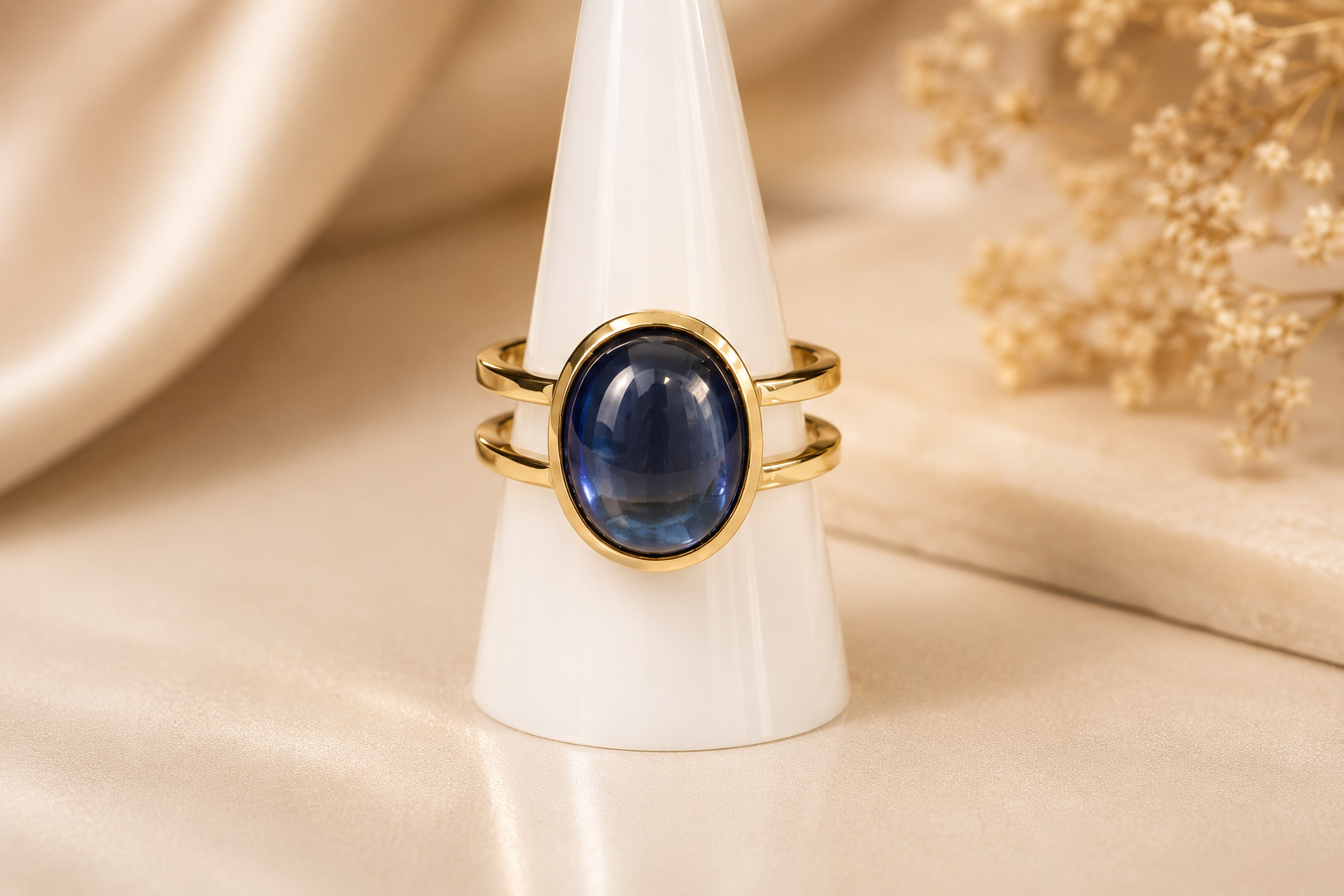 Custom-made men's ring featuring a 13.48ct natural blue sapphire cabochon set in yellow gold-plated silver. Bold adjustable statement ring handcrafted for a client, showcasing deep royal blue gemstone tones and a masculine luxury jewelry design.