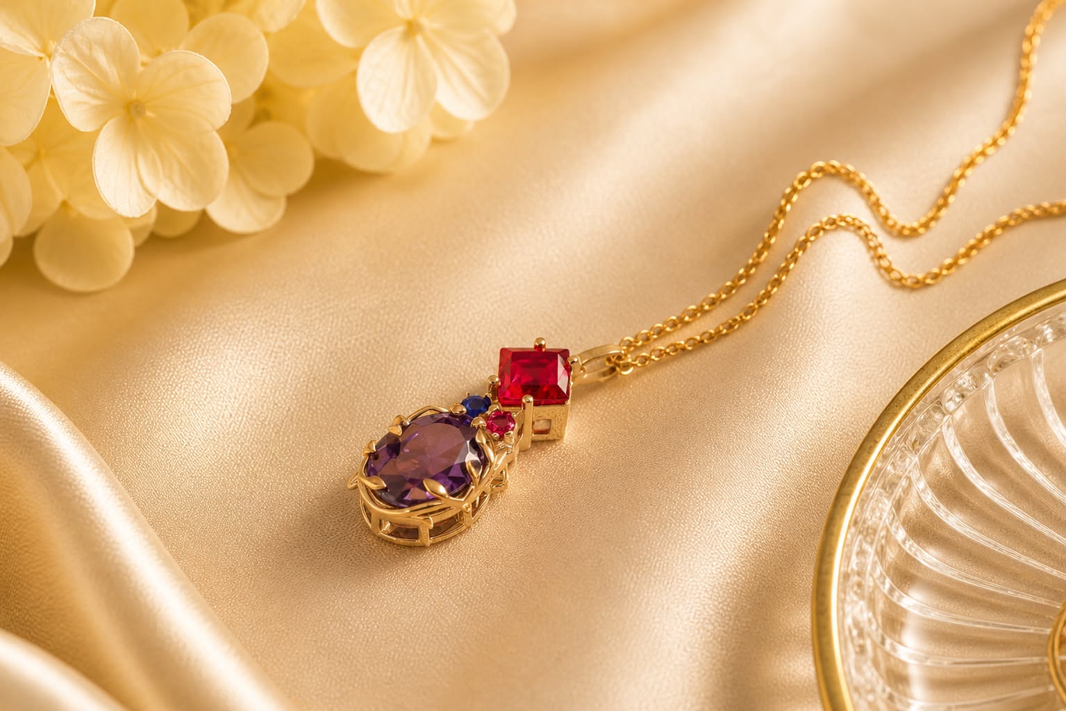 Custom corporate jewelry Singapore – handcrafted 18K gold necklace featuring oval alexandrite, lab-grown rubellite, ruby, blue sapphire, natural diamonds, presented as a luxury appreciation gift.