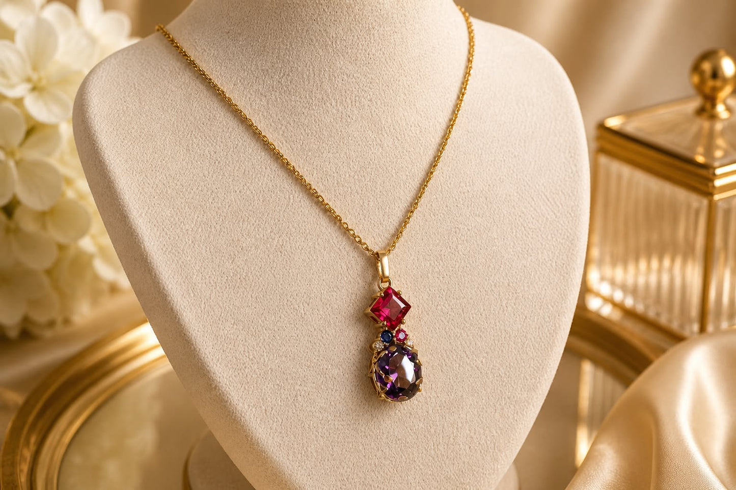 Custom corporate jewelry Singapore – handcrafted 18K gold necklace featuring oval alexandrite, lab-grown rubellite, ruby, blue sapphire, natural diamonds, presented as a luxury appreciation gift.