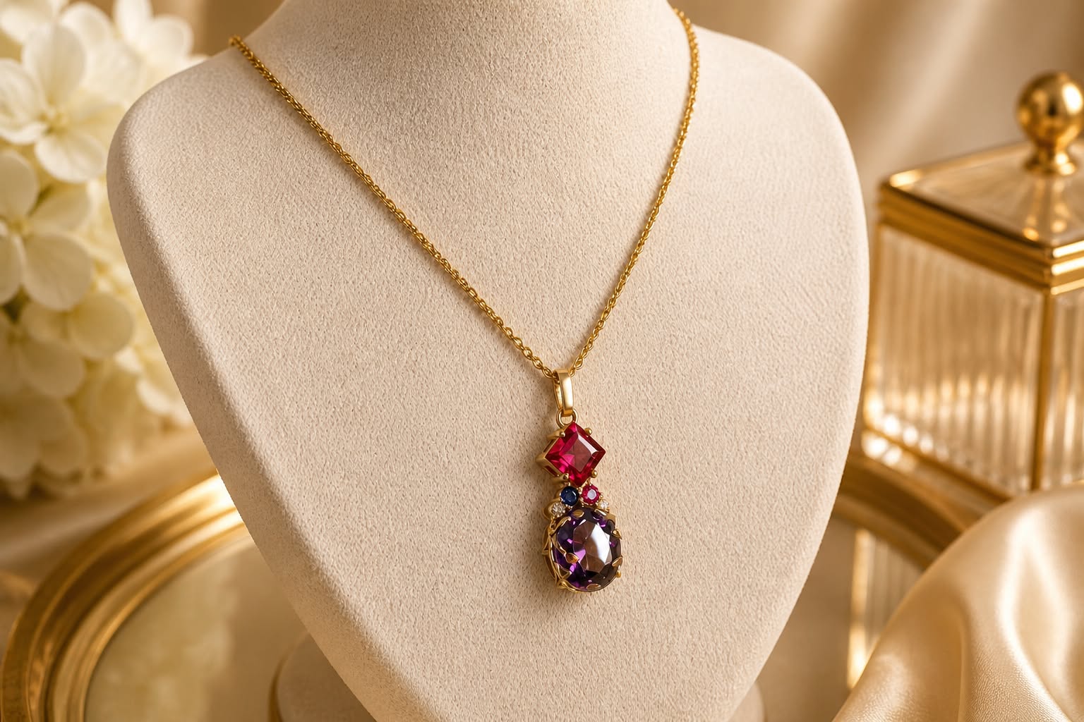 Custom corporate jewelry Singapore – handcrafted 18K gold necklace featuring oval alexandrite, lab-grown rubellite, ruby, blue sapphire, natural diamonds, presented as a luxury appreciation gift.