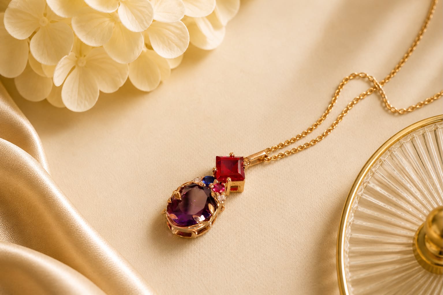 Custom corporate jewelry Singapore – handcrafted 18K gold necklace featuring oval alexandrite, lab-grown rubellite, ruby, blue sapphire, natural diamonds, presented as a luxury appreciation gift.