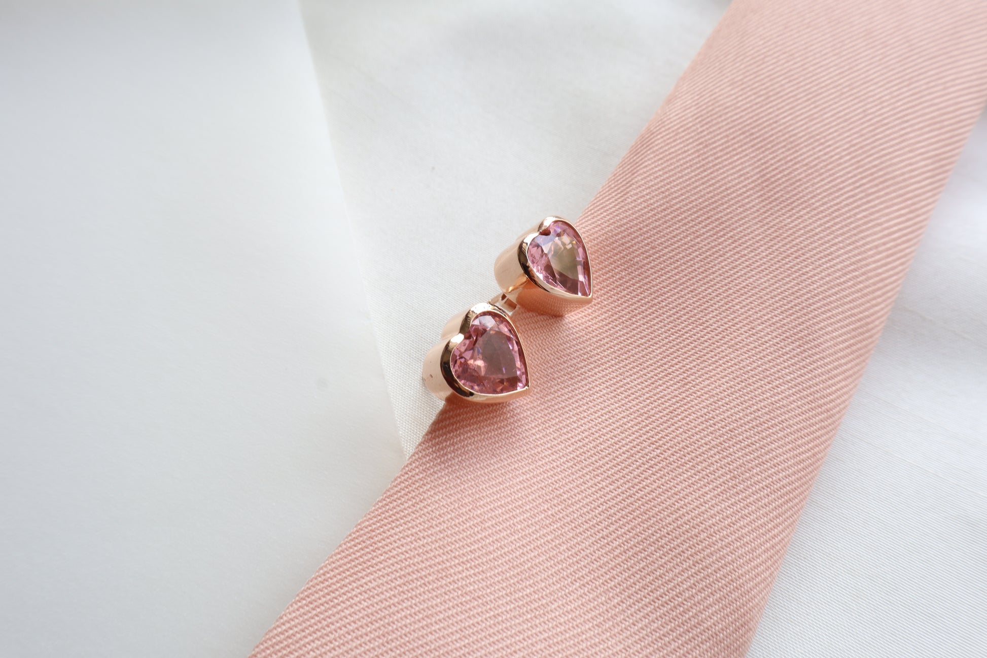 18K rose gold heart-shaped stud earrings with natural pink sapphires (2.64 carats each, 10mm) — Singapore bespoke corporate jewelry, business milestone gift, custom luxury gemstone piece.