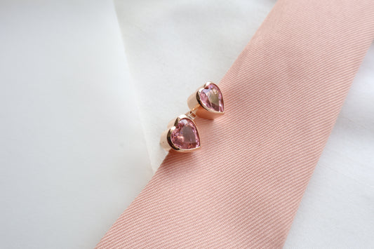 18K rose gold heart-shaped stud earrings with natural pink sapphires (2.64 carats each, 10mm) — Singapore bespoke corporate jewelry, business milestone gift, custom luxury gemstone piece.