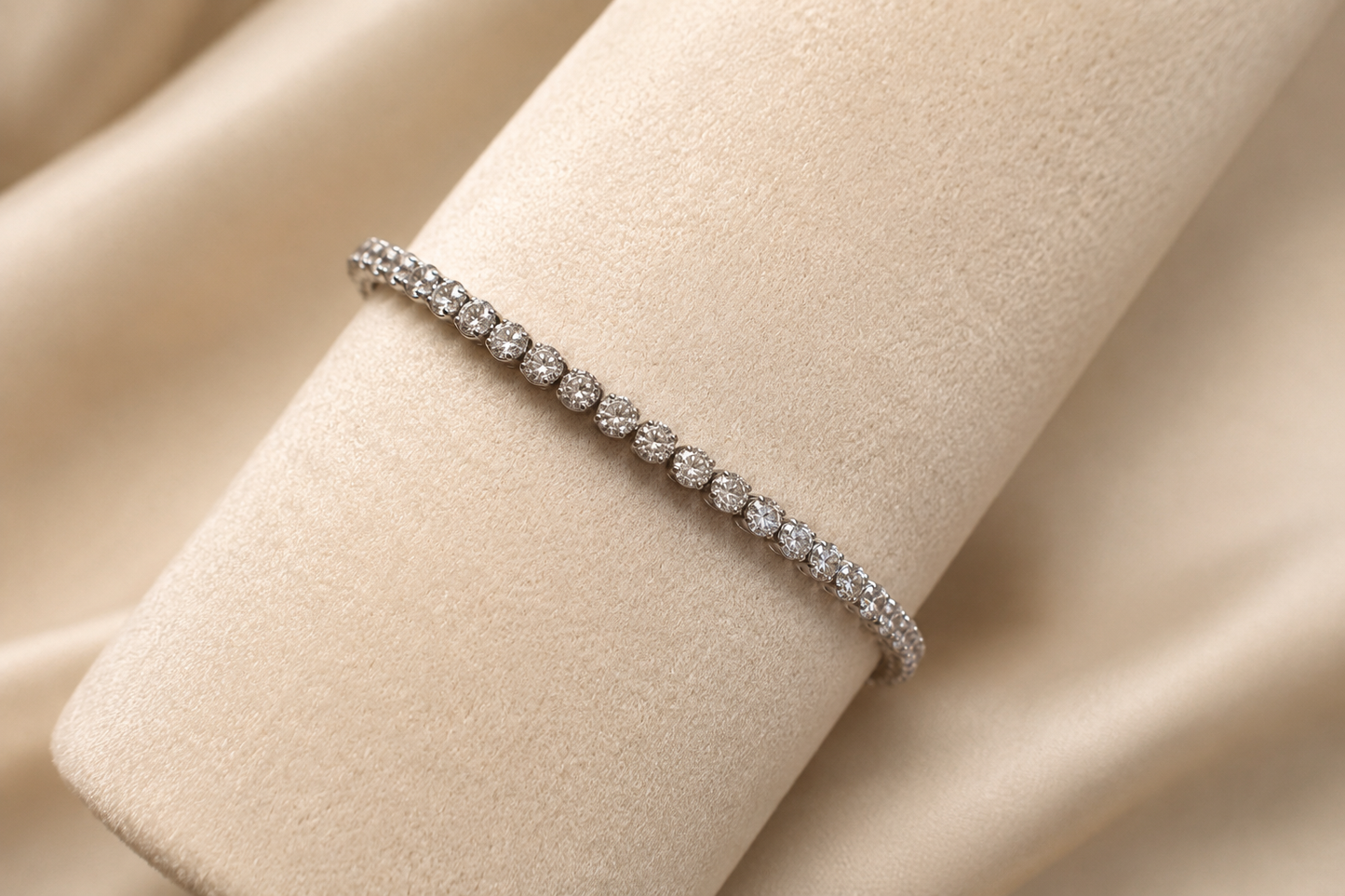 Custom 14K white gold diamond tennis bracelet with lab-grown diamonds, crafted in Singapore for corporate jewelry gifting and business milestone recognition.