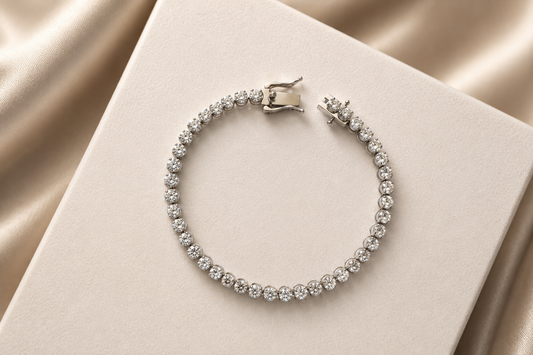 Custom 14K white gold diamond tennis bracelet with lab-grown diamonds, crafted in Singapore for corporate jewelry gifting and business milestone recognition.