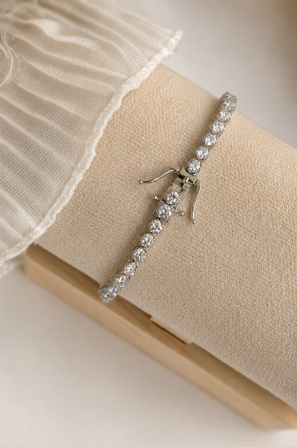 Custom 14K white gold diamond tennis bracelet with lab-grown diamonds, crafted in Singapore for corporate jewelry gifting and business milestone recognition.