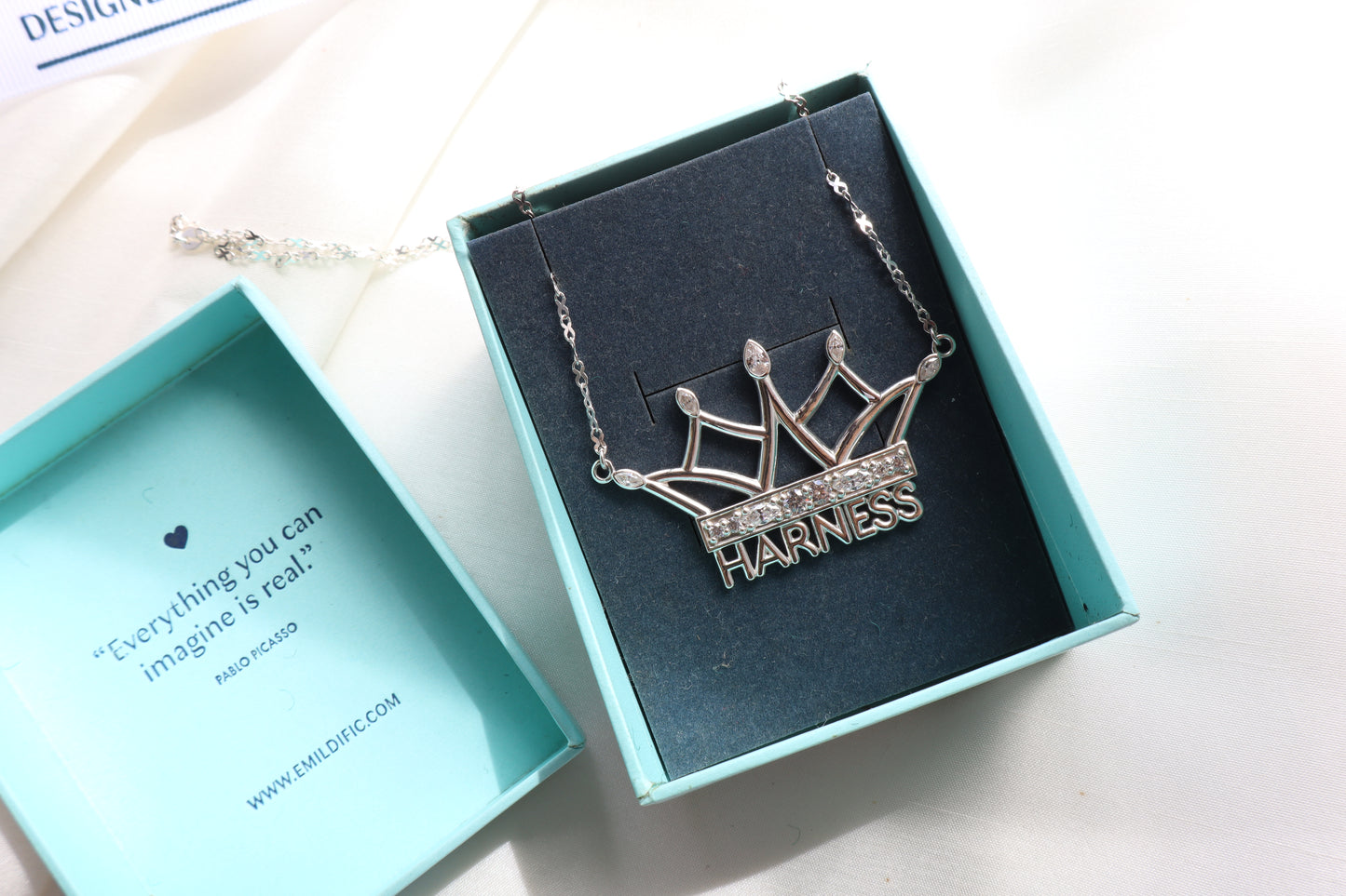 Corporate jewelry supplier Singapore — custom crown necklace in silver with signity stones, personalized statement pendant