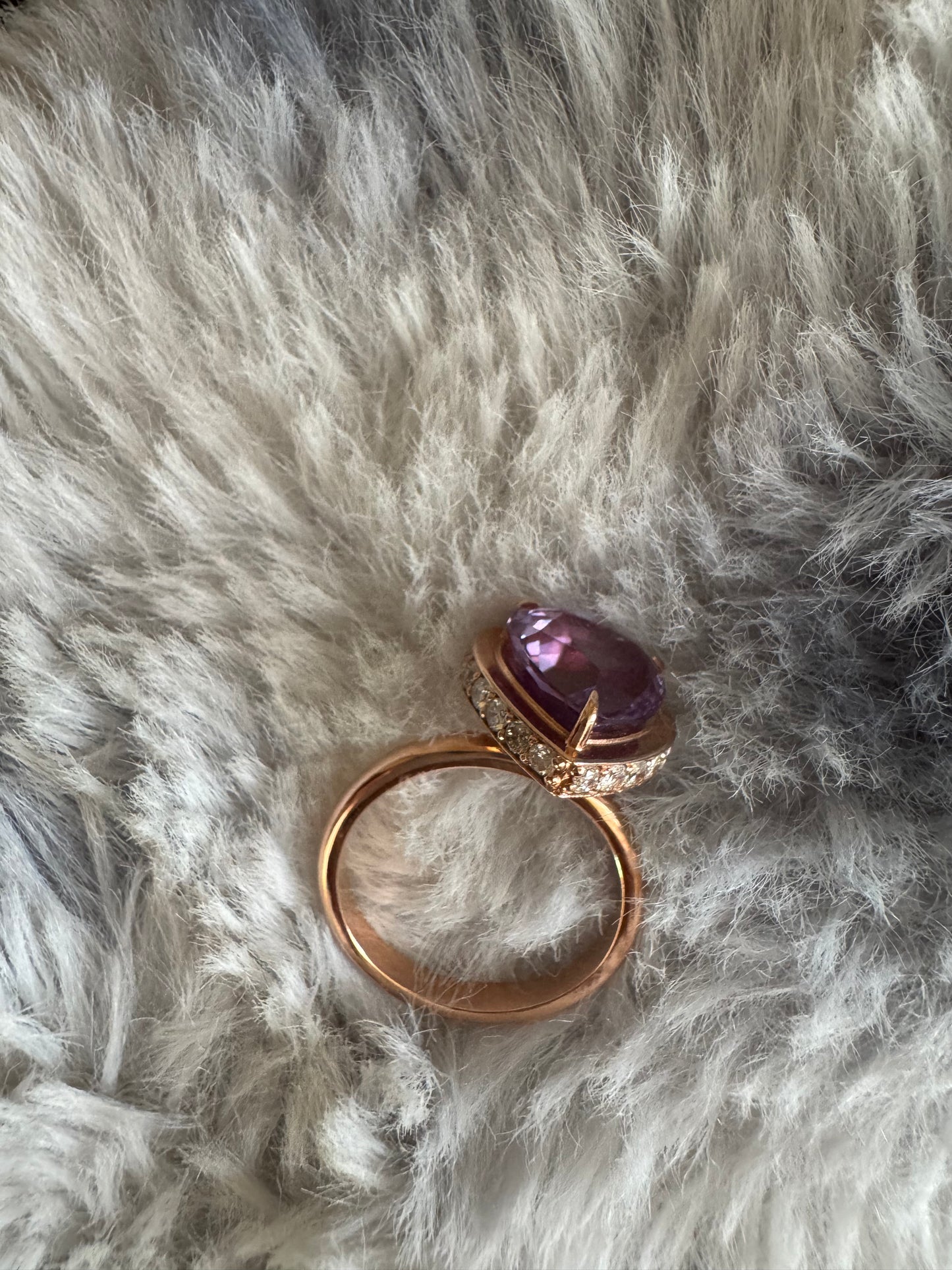 Custom 18K rose gold alexandrite ring with diamond accents, designed in Singapore for corporate gifting and luxury branding with exclusive packaging.