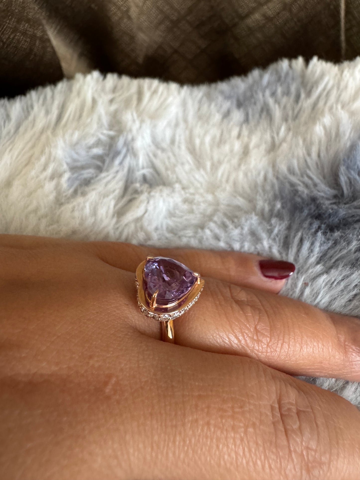 Custom 18K rose gold alexandrite ring with diamond accents, designed in Singapore for corporate gifting and luxury branding with exclusive packaging.