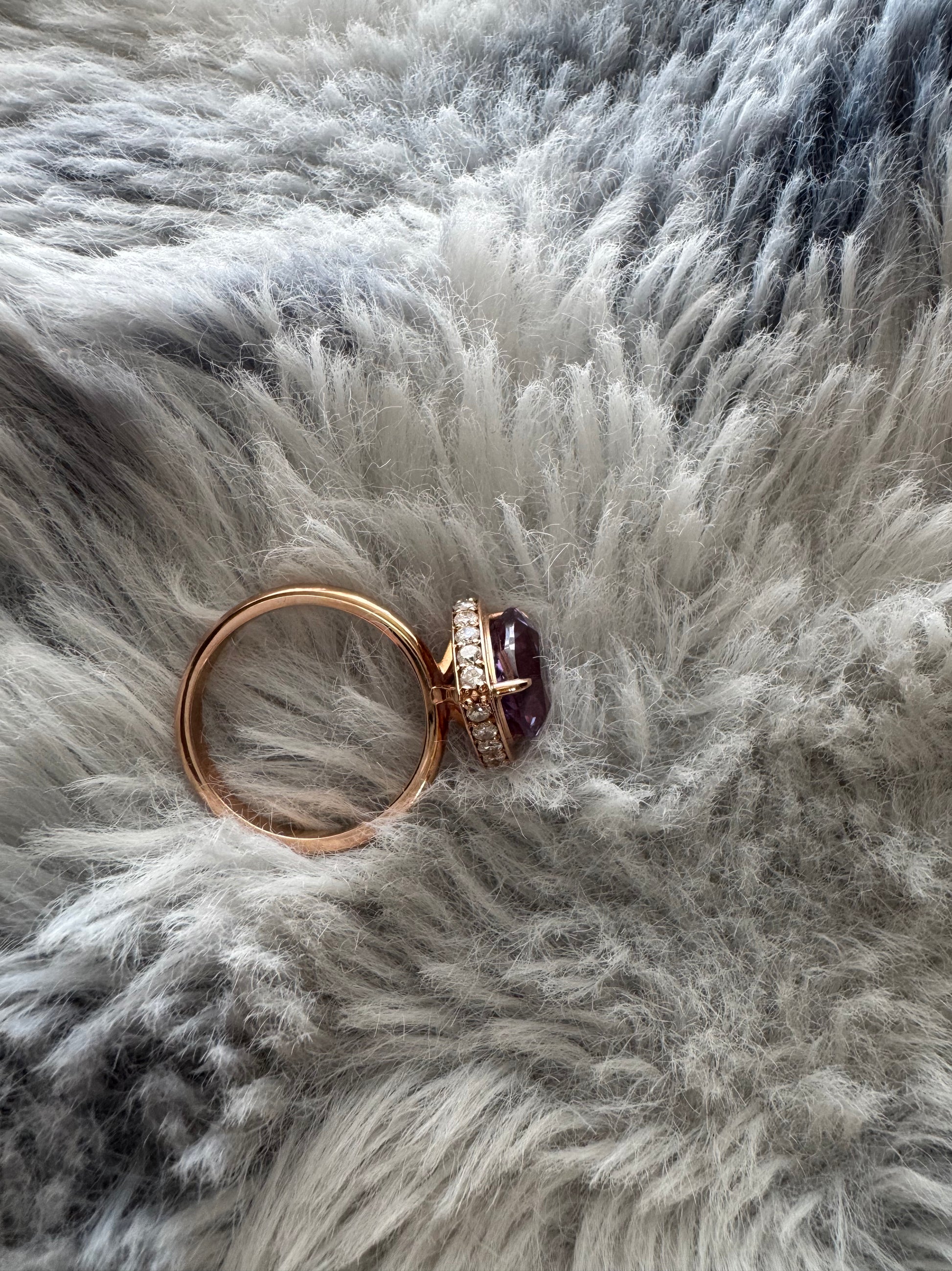 Custom 18K rose gold alexandrite ring with diamond accents, designed in Singapore for corporate gifting and luxury branding with exclusive packaging.