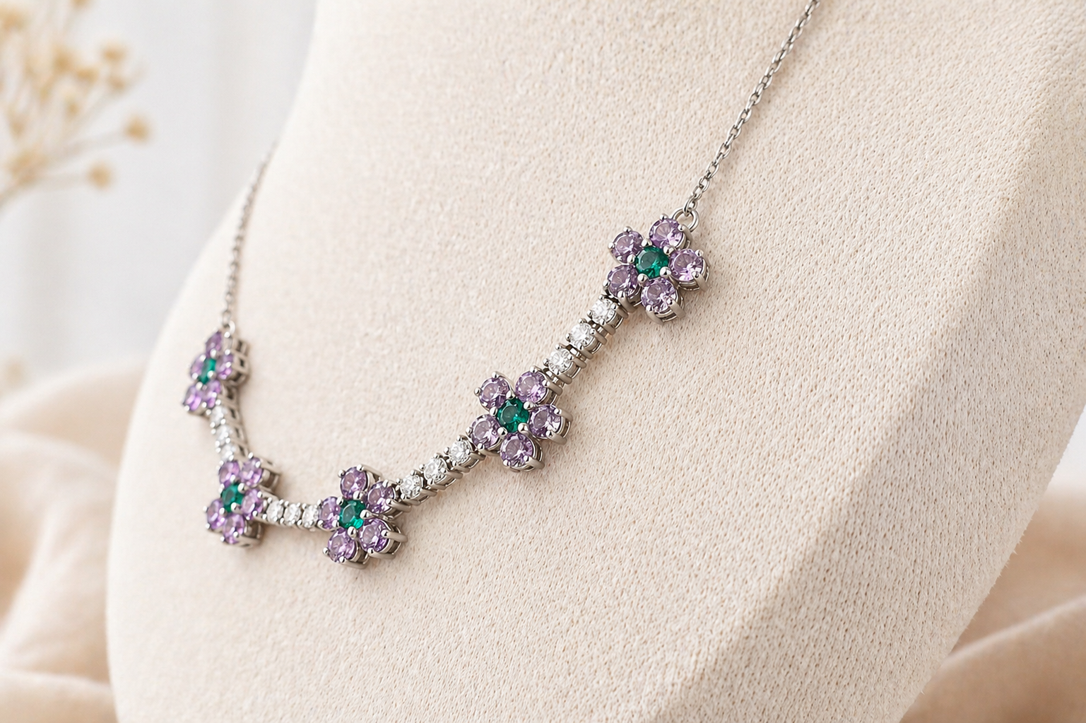 18k white gold floral necklace with natural diamonds, amethyst and emerald gemstones, handcrafted fine jewelry with elegant heirloom-inspired design, with luxury jewelry packaging, Singapore supplier