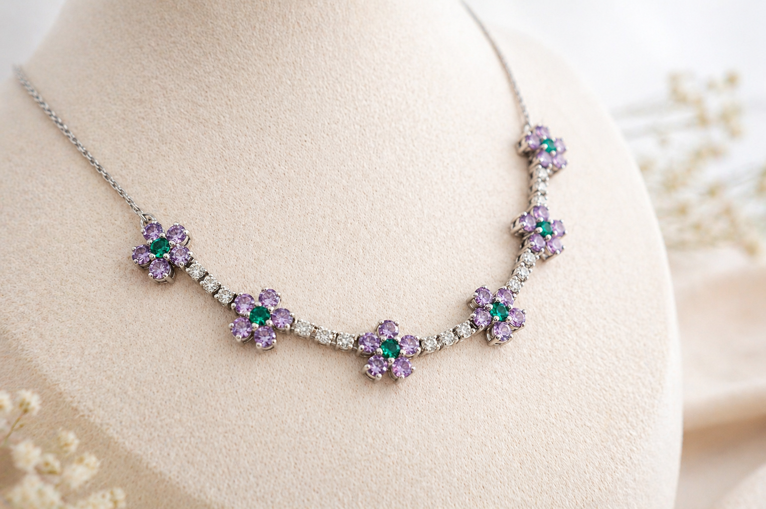18k white gold floral necklace with natural diamonds, amethyst and emerald gemstones, handcrafted fine jewelry with elegant heirloom-inspired design, with luxury jewelry packaging, Singapore supplier