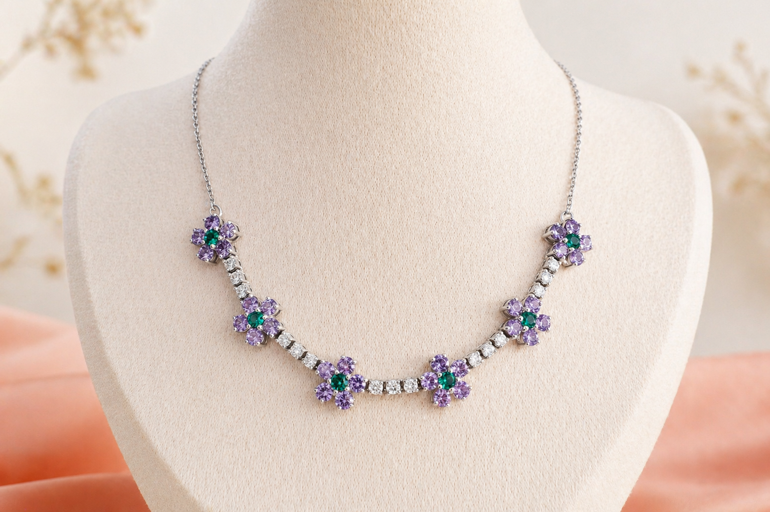 18k white gold floral necklace with natural diamonds, amethyst and emerald gemstones, handcrafted fine jewelry with elegant heirloom-inspired design, with luxury jewelry packaging, Singapore supplier