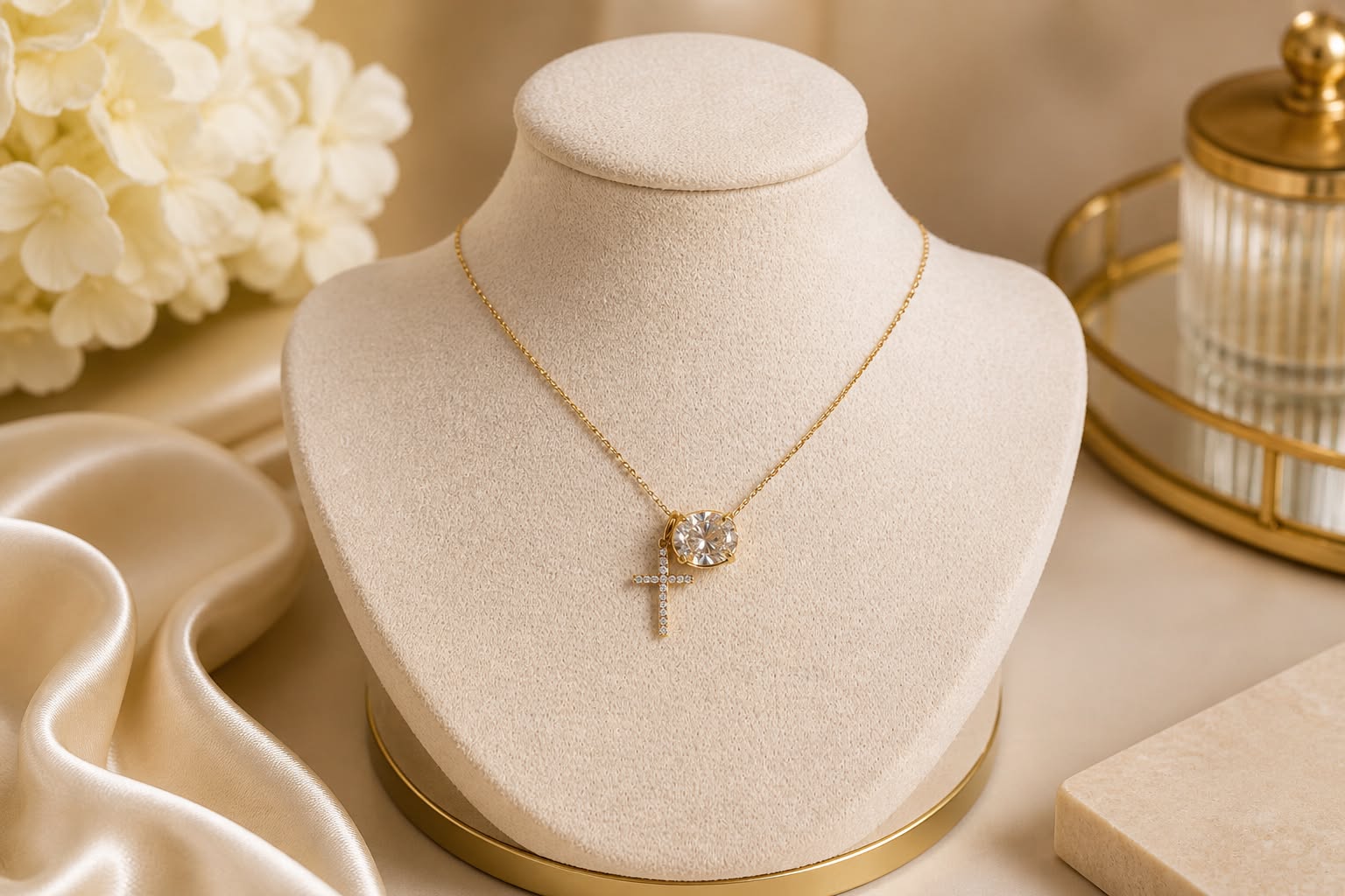 Elegant custom 2 carat diamond cross necklace in 14K yellow gold handcrafted setting, luxury customized necklace for events Singapore, timeless fine jewelry gift with premium presentation and eco-friendly packaging inspiration.