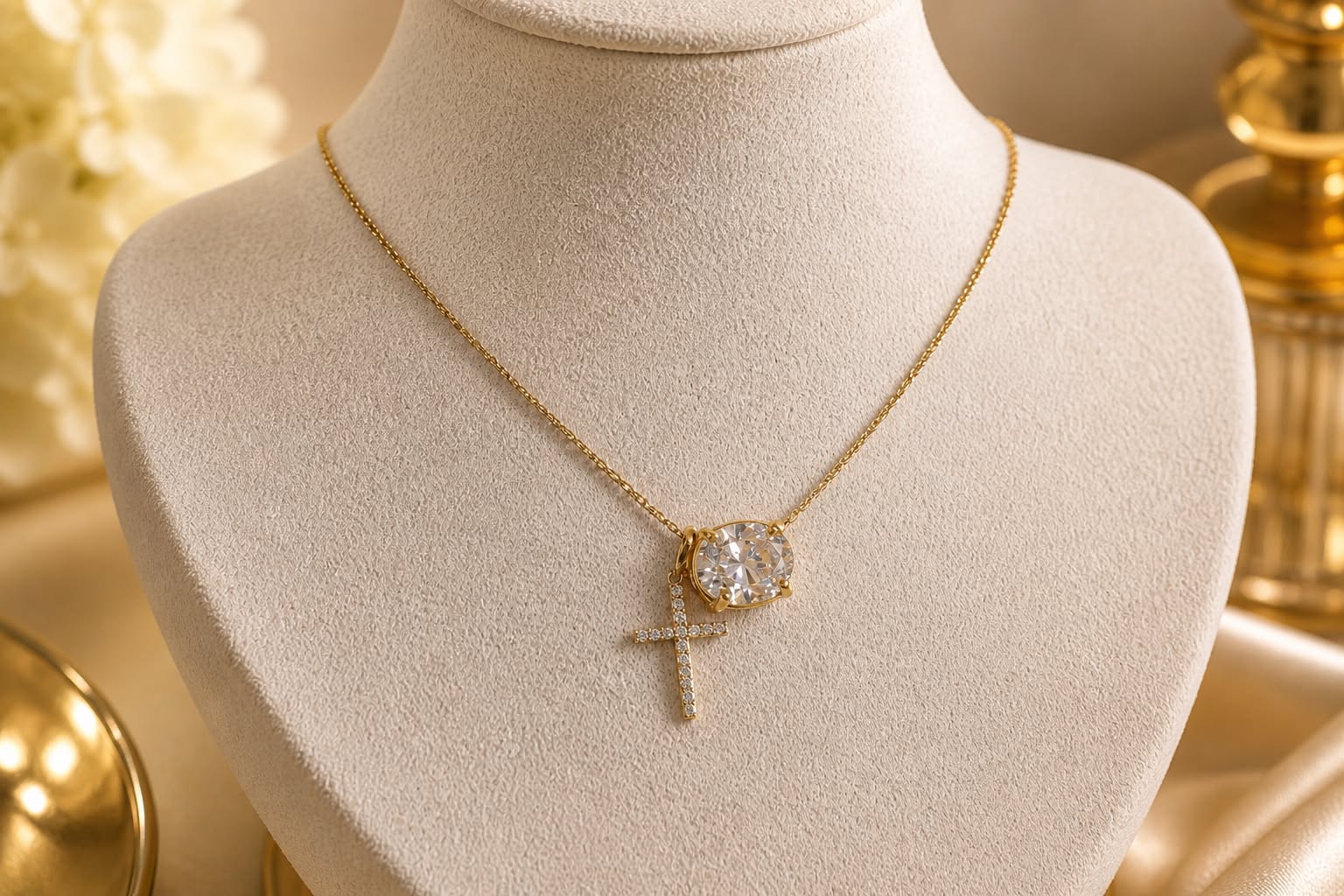 Elegant custom 2 carat diamond cross necklace in 14K yellow gold handcrafted setting, luxury customized necklace for events Singapore, timeless fine jewelry gift with premium presentation and eco-friendly packaging inspiration.