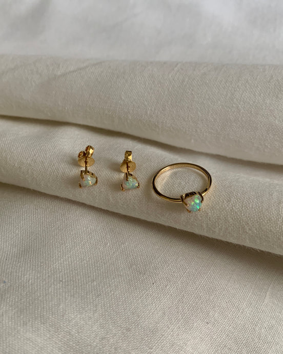 Small Heart Shaped Opal Stud Earrings and Heart Shaped Opal Ring all in 14K Yellow Gold Birthday Gift Anniversary Bridesmaid Present Geometric