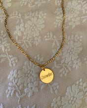 Load image into Gallery viewer, A round yellow gold pendant engraved with the pet&#39;s name. With a yellow gold Figaro chain to complete this gorgeous pet tag.
