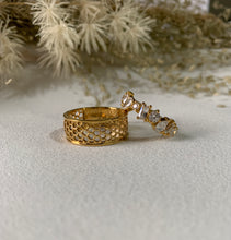 Load image into Gallery viewer, Yellow gold honeycomb ring and 9 different shapes of diamonds set in yellow gold.
