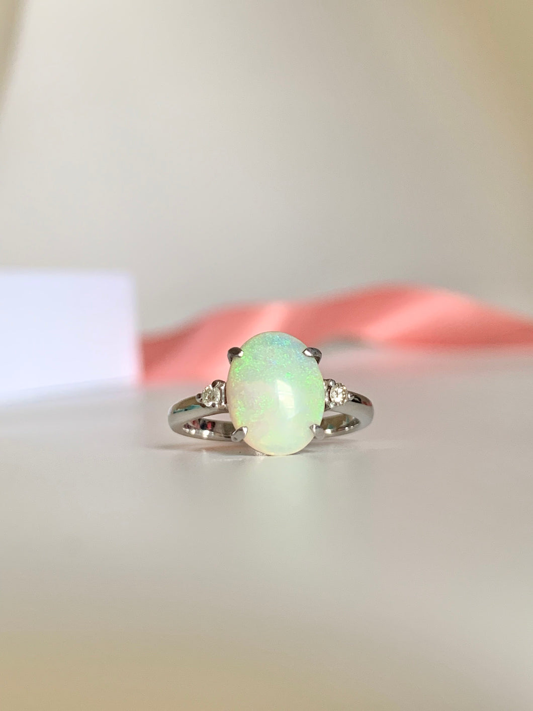 Vintage Natural Opal And two round diamonds Engagement Ring, white gold Anniversary Ring, Opal Promise diamond Ring, Oval Ring Gift