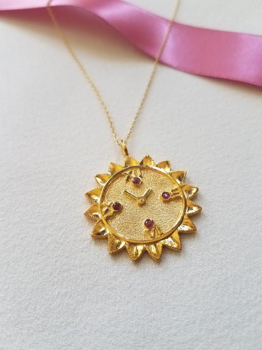 Gold Sunflower clock necklace with a birthstone of your choice.
